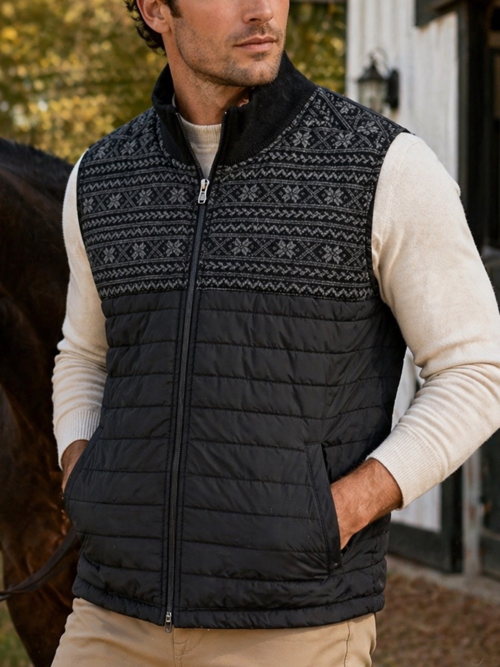 Telluride Quilted Puffer Vest Fair Isle Wool Blend Black Gray Large Men Full Zip